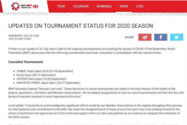 世界羽联在与相关主办方协商后决定取消9月的四站巡回赛