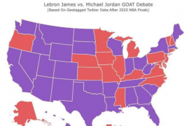 地图上标出了全美各个州针对NBA历史最伟大球员的投票结果