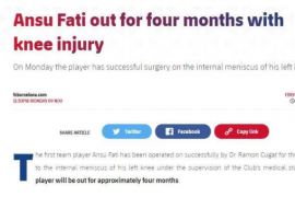 巴萨官方宣布法蒂膝盖手术成功将伤缺大约4个月