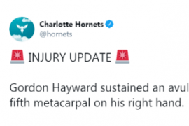 黄蜂官方宣布前锋戈登海沃德右手第五掌骨撕裂性骨折