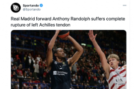 皇家马德里男篮官方宣布前NBA球员安东尼兰多夫在比赛中受伤