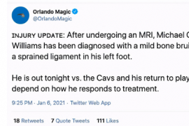 奥兰多魔术官方宣布迈卡威被诊断为轻度的骨瘀伤和左脚韧带扭伤