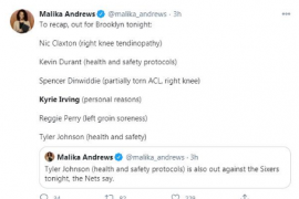 篮网记者玛丽卡安德鲁曝出了布鲁克林篮网的伤病名单