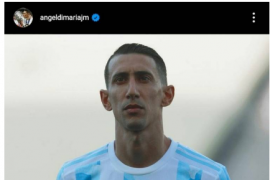 阿根廷中场迪马利亚在Instagram上发了一张自己身穿阿根廷球衣的照片