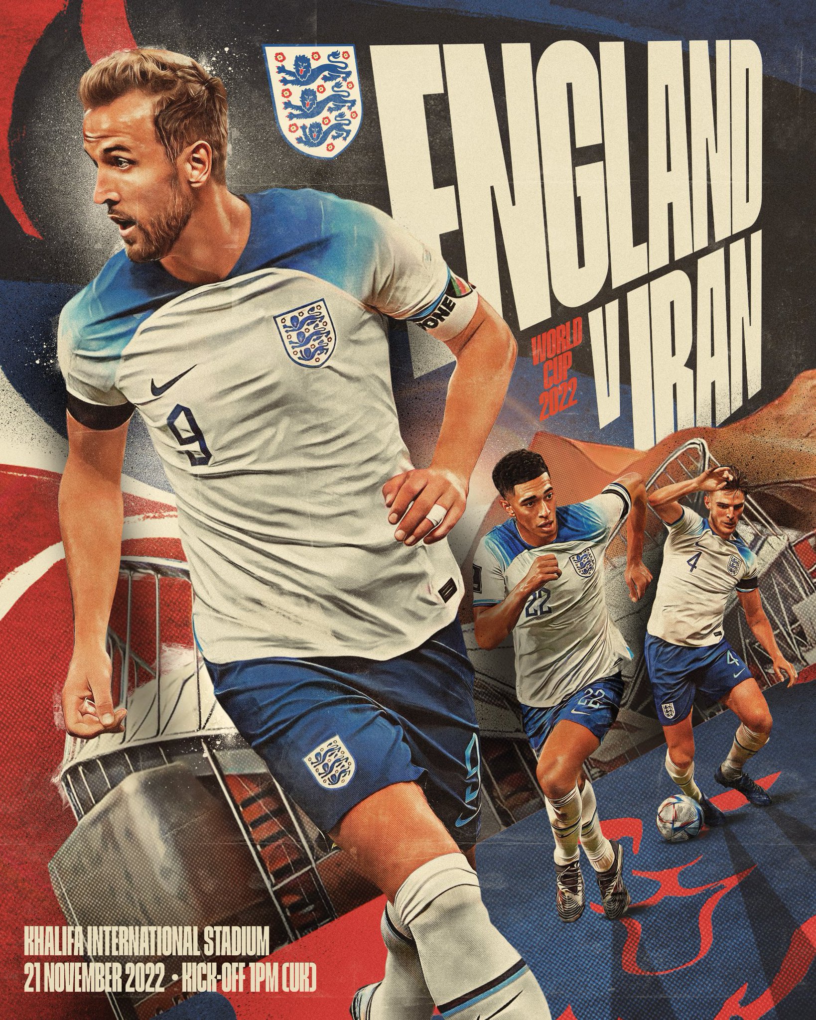 英格兰队发布对阵*海报：凯恩、贝林厄姆、赖斯出镜